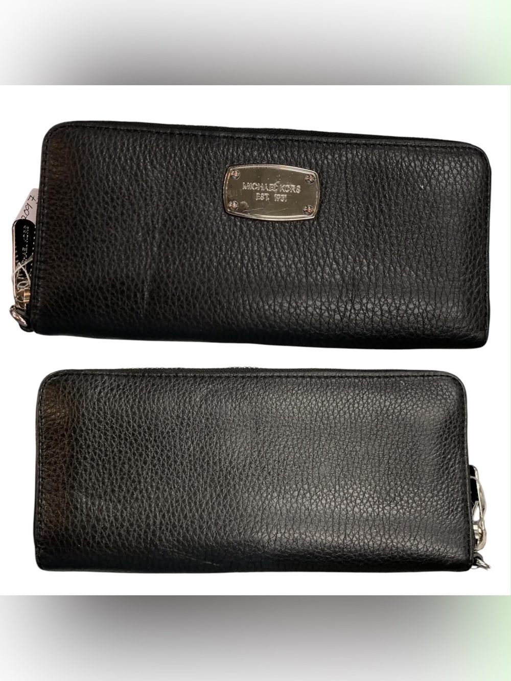 Michael Kors Black Pebbled Leather Zip Wallet with Logo Plate